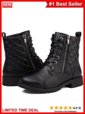 Womens Combat Boots Lace Up Ankle Booties Side Zipper Low Heel